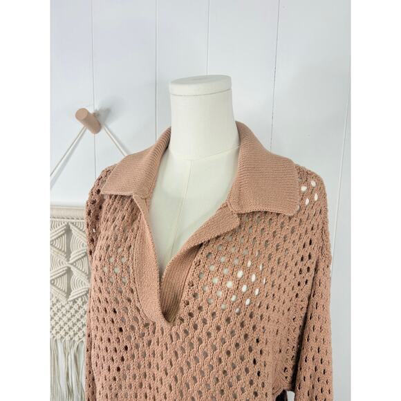 Aerie Tan Oversized Open Knit Polo Sweater Size Medium - Picture 4 of 10